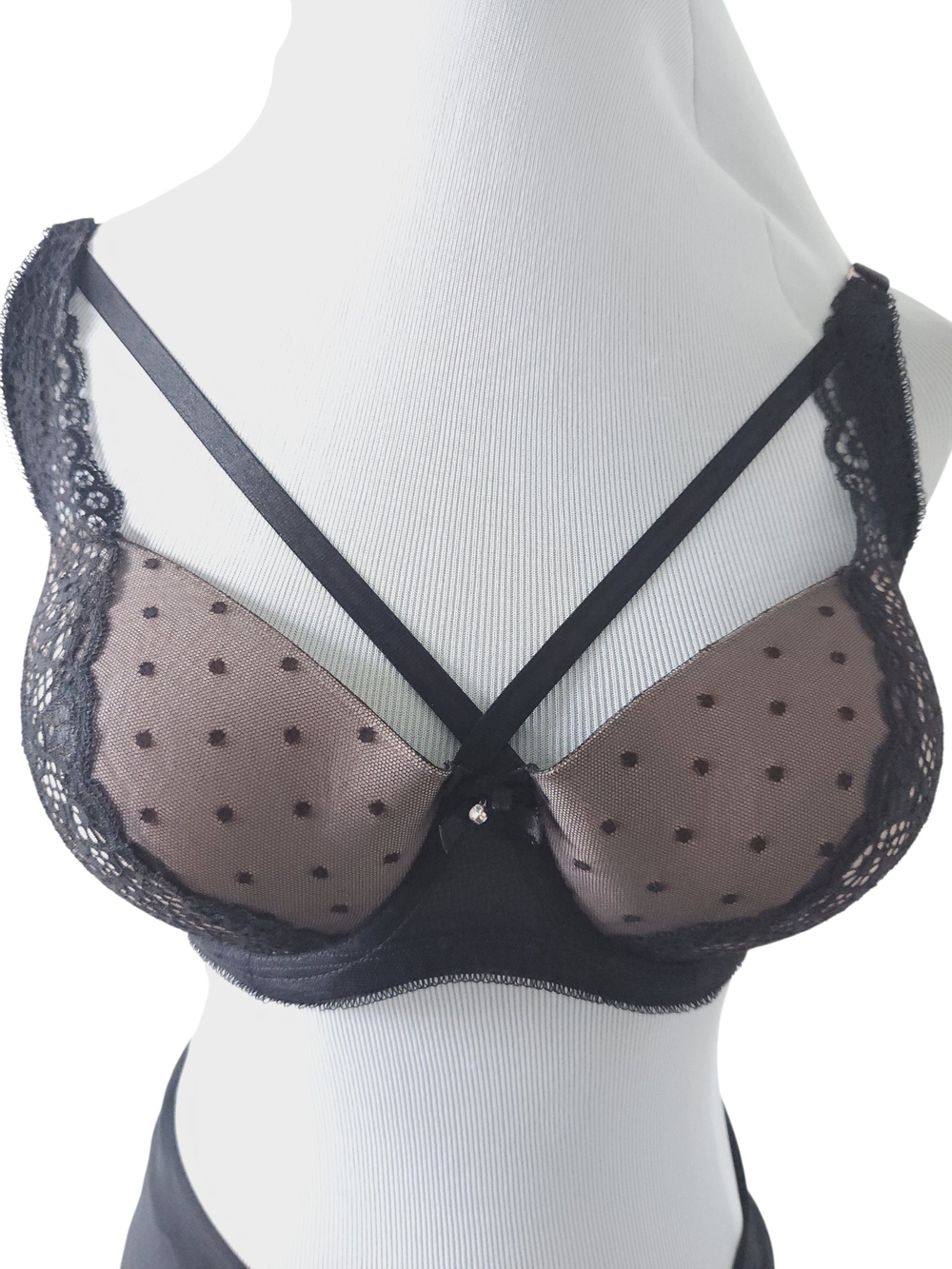 NEW Smart & Sey Black and Nude Polka Dot Lace Bra 34DD Cross-Strap Detail